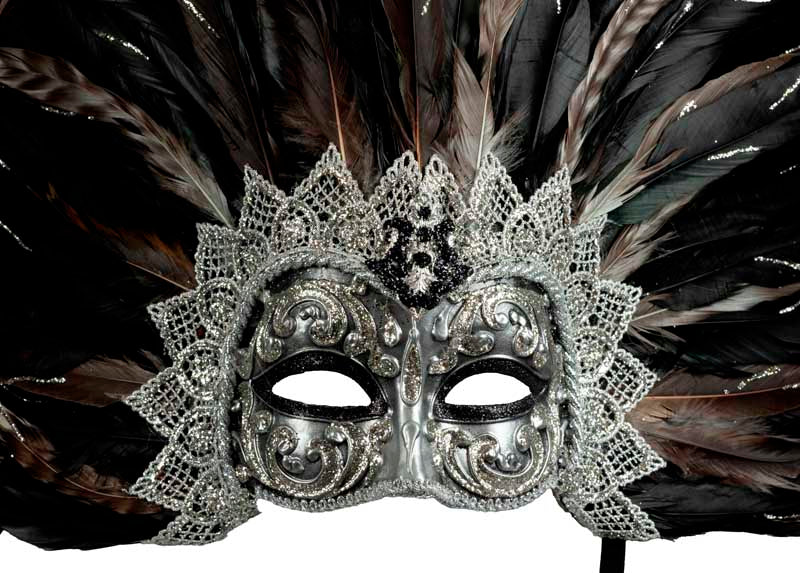 Masque Colombine Noir Argenté à Plumes – Artisanat Authentique de Venise