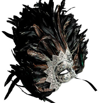 Masque Colombine Noir Argenté à Plumes – Artisanat Authentique de Venise