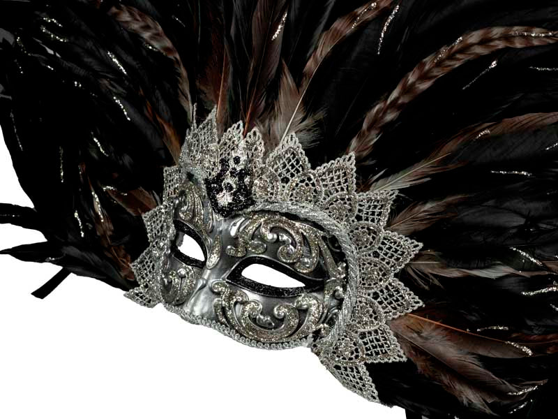 Masque Colombine Noir Argenté à Plumes – Artisanat Authentique de Venise
