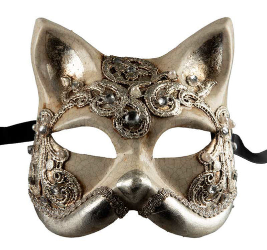 Masque Chat Gatto Macramé Argenté – Artisanat Authentique de Venise