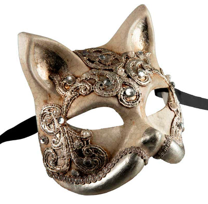 Masque Chat Gatto Macramé Argenté – Artisanat Authentique de Venise