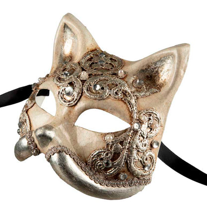 Masque Chat Gatto Macramé Argenté – Artisanat Authentique de Venise