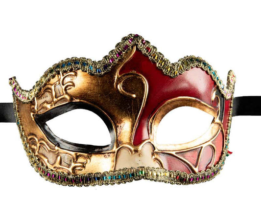 Masque Colombine Rouge et Doré à Pointe – Artisanat Authentique de Venise