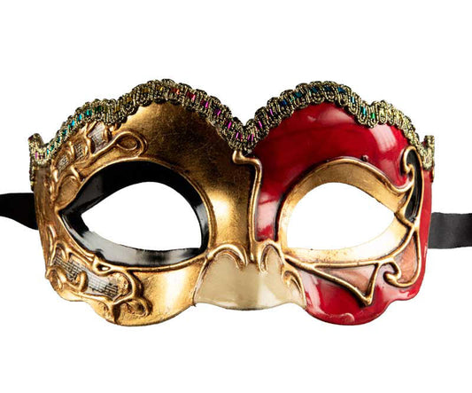 Masque Colombine Nuvella Doré et Rouge – Élégance Authentique de Venise