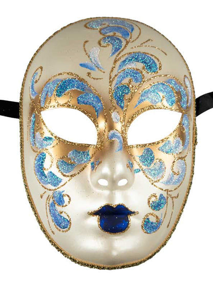 Masque Volto Bleu Doré Florale – Artisanat Authentique de Venise