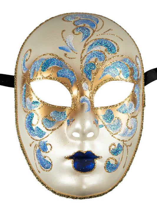 Masque Volto Bleu Doré Florale – Artisanat Authentique de Venise