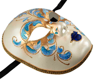 Masque Volto Bleu Doré Florale – Artisanat Authentique de Venise