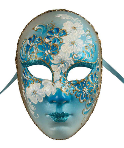 Masque Visage Volto Fleurs Bleues et Dorées – Artisanat Authentique de Venise