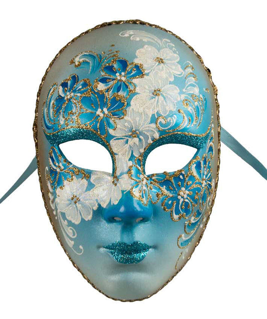 Masque Visage Volto Fleurs Bleues et Dorées – Artisanat Authentique de Venise