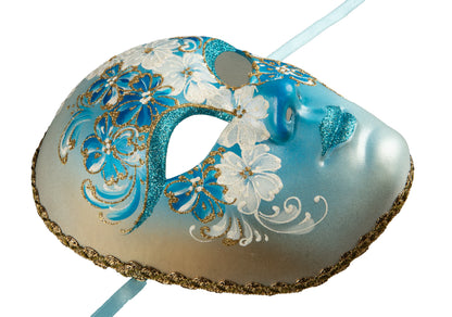 Masque Visage Volto Fleurs Bleues et Dorées – Artisanat Authentique de Venise