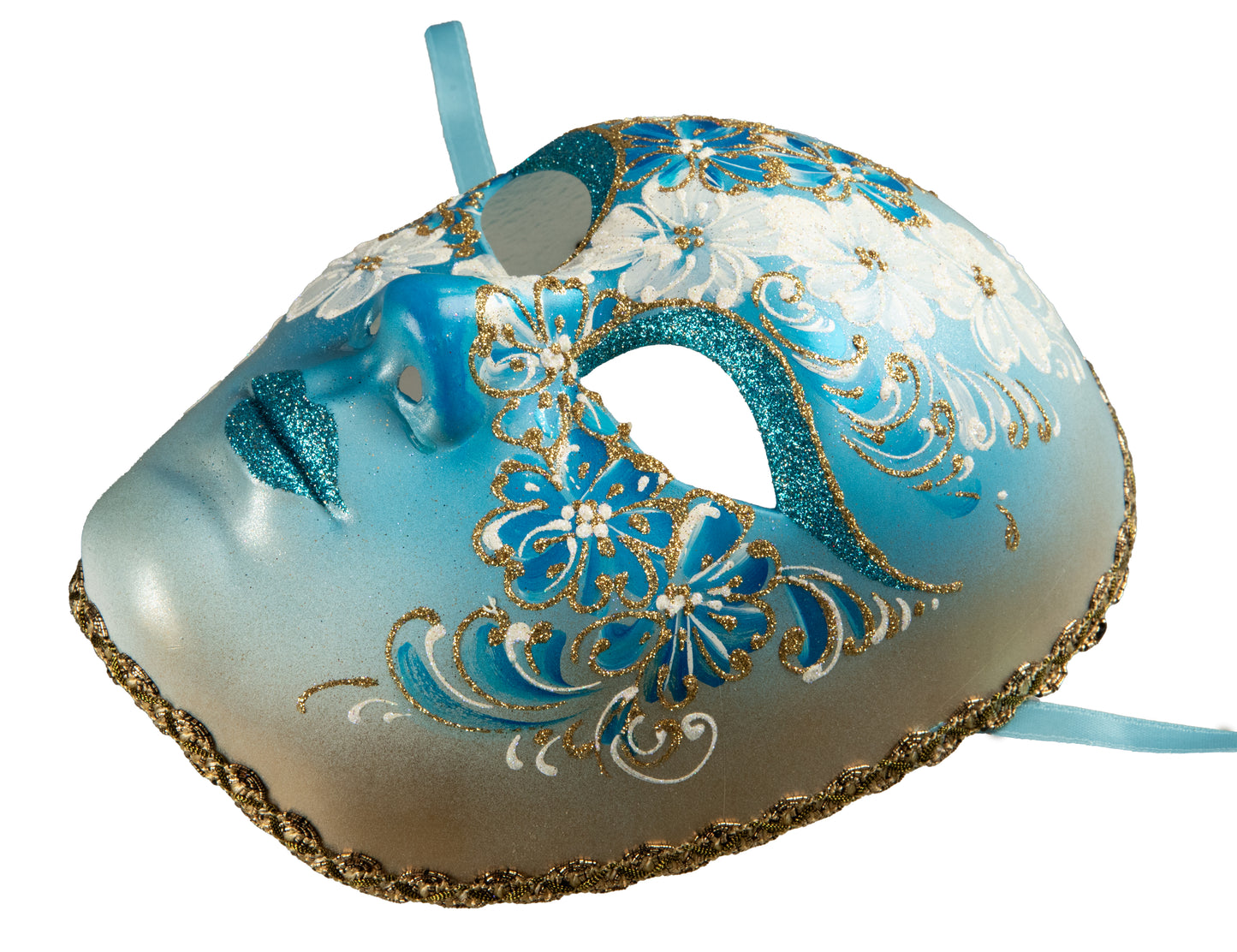 Masque Visage Volto Fleurs Bleues et Dorées – Artisanat Authentique de Venise