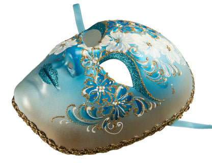 Masque Visage Volto Fleurs Bleues et Dorées – Artisanat Authentique de Venise