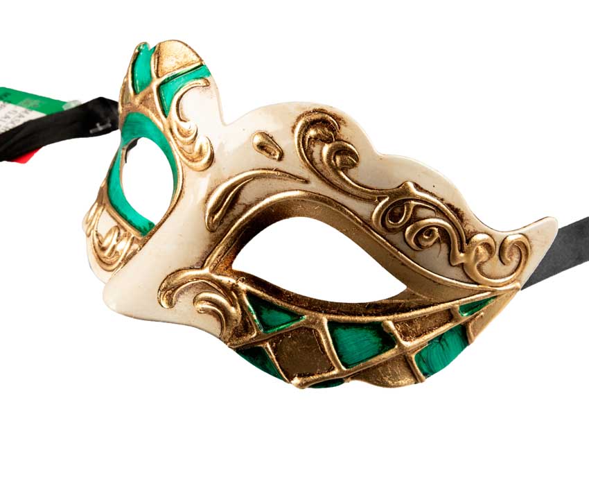 Masque Colombine Blanc Vert et Doré – Artisanat Authentique de Venise