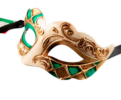 Masque Colombine Blanc Vert et Doré – Artisanat Authentique de Venise