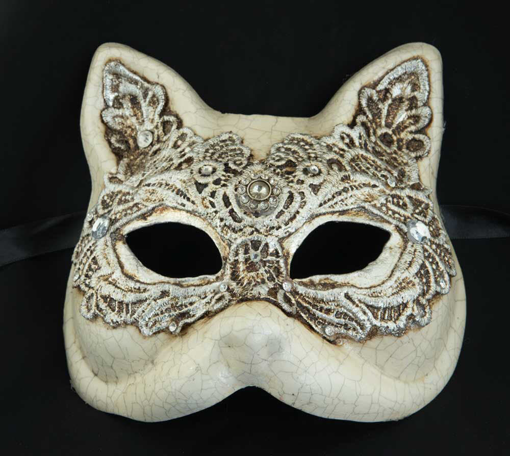 Masque de Venise Macramé Argenté – Modèle Gatto Gnaga | Carnaval Vénitien – Artisanat Authentique