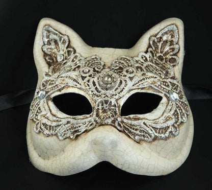 Masque de Venise Macramé Argenté – Modèle Gatto Gnaga | Carnaval Vénitien – Artisanat Authentique