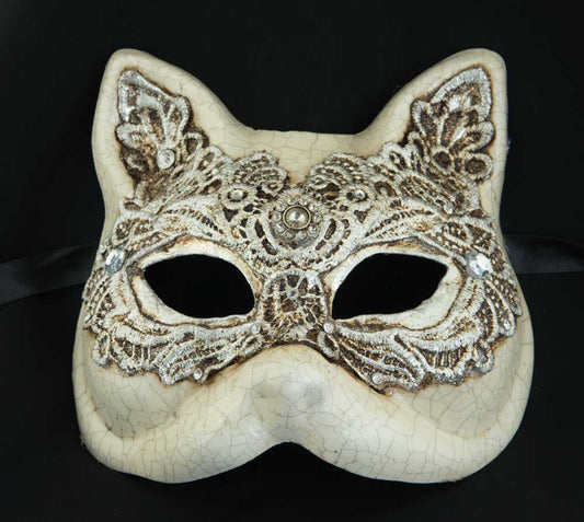 Masque de Venise Macramé Argenté – Modèle Gatto Gnaga | Carnaval Vénitien – Artisanat Authentique