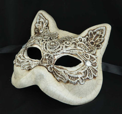 Masque de Venise Macramé Argenté – Modèle Gatto Gnaga | Carnaval Vénitien – Artisanat Authentique