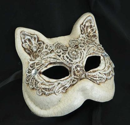 Masque de Venise Macramé Argenté – Modèle Gatto Gnaga | Carnaval Vénitien – Artisanat Authentique