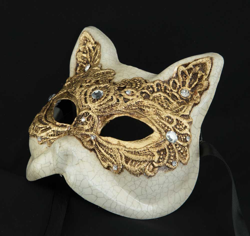 Masque de Venise Macramé Doré – Modèle Gatto Gnaga – Carnaval Vénitien | Artisanat Authentique