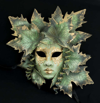 Masque Volto Visage Féminin Magnolia Vert et Doré – Artisanat Authentique de Venise
