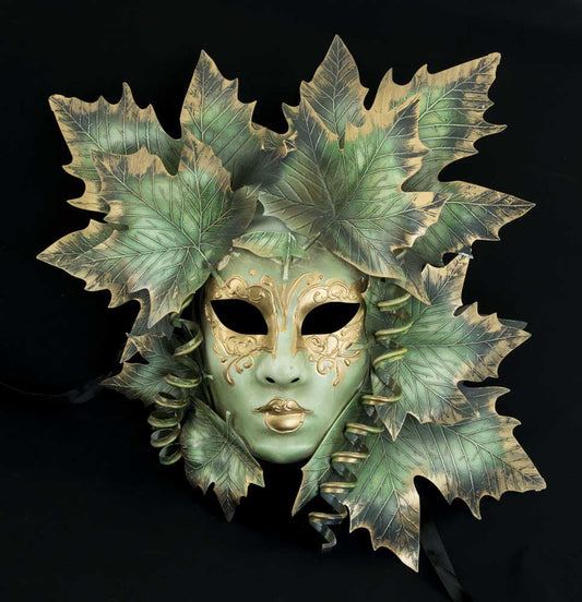 Masque Volto Visage Féminin Magnolia Vert et Doré – Artisanat Authentique de Venise