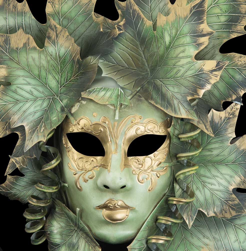 Masque Volto Visage Féminin Magnolia Vert et Doré – Artisanat Authentique de Venise