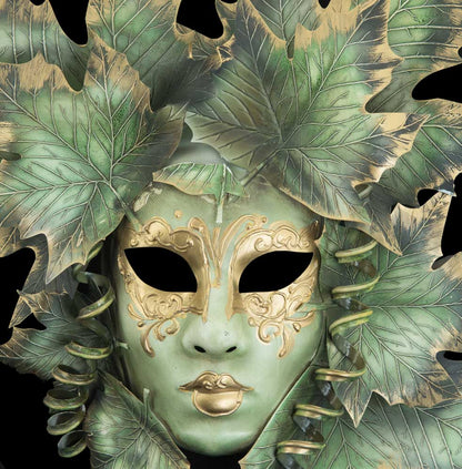 Masque Volto Visage Féminin Magnolia Vert et Doré – Artisanat Authentique de Venise
