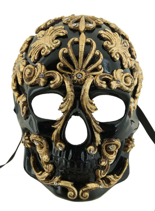 Masque Tête de Mort Noire et Doré Baroque – Artisanat Authentique de Venise