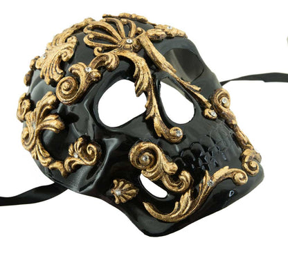 Masque Tête de Mort Noire et Doré Baroque – Artisanat Authentique de Venise