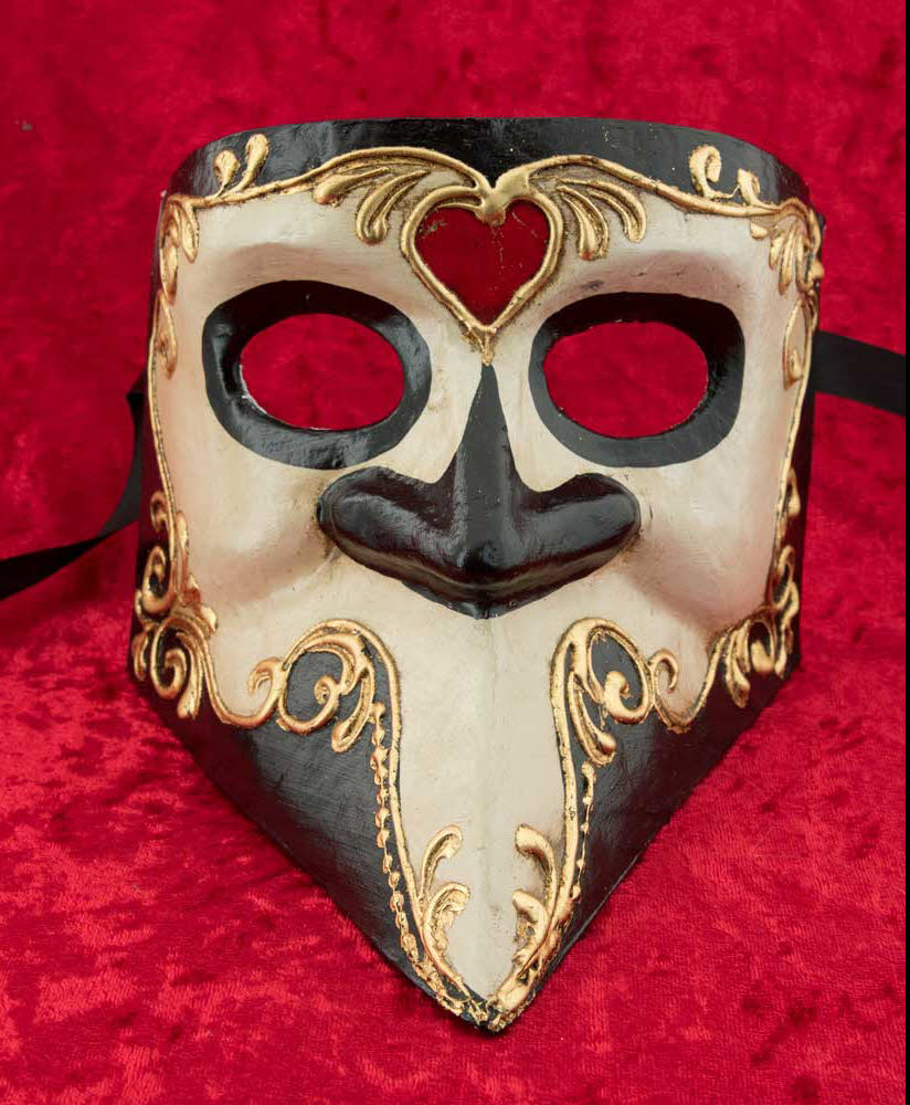 Masque Vénitien Bauta Cœur Noir et Doré – Artisanat Authentique de Venise