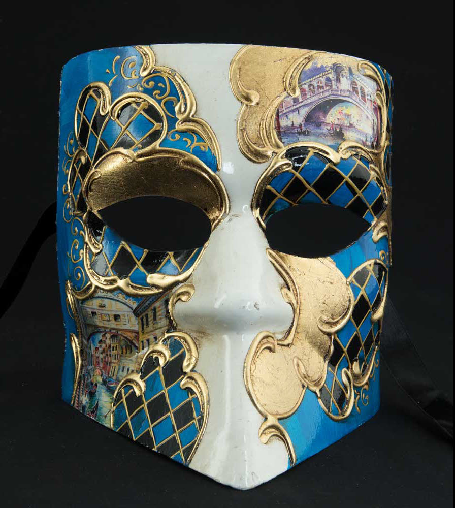Masque Vénitien Bauta Pont du Rialto Blanc Doré – Losanges Bleus et Noirs – Artisanat Authentique de Venise