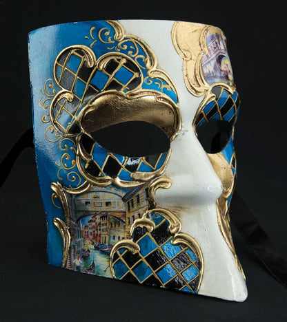 Masque Vénitien Bauta Pont du Rialto Blanc Doré – Losanges Bleus et Noirs – Artisanat Authentique de Venise