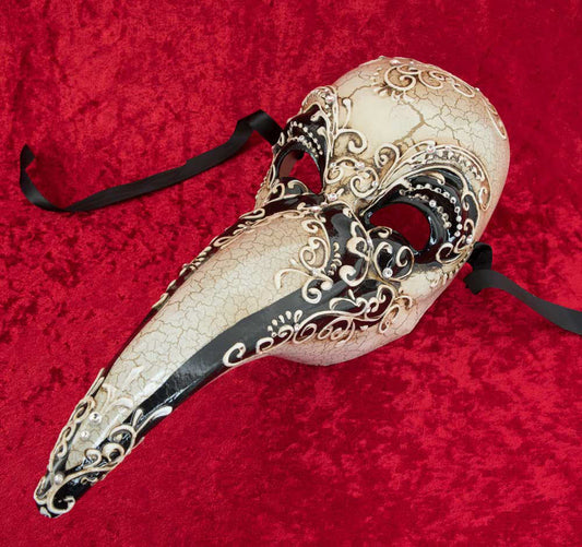 Masque Docteur de la Peste Craquelé Noir et Blanc avec Strass – Artisanat Authentique de Venise