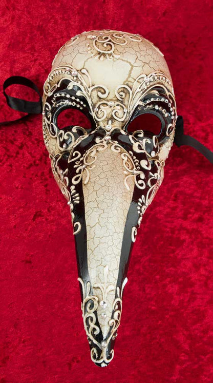 Masque Docteur de la Peste Craquelé Noir et Blanc avec Strass – Artisanat Authentique de Venise