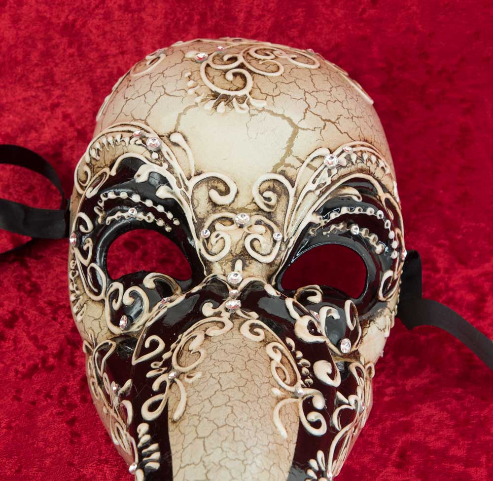 Masque Docteur de la Peste Craquelé Noir et Blanc avec Strass – Artisanat Authentique de Venise