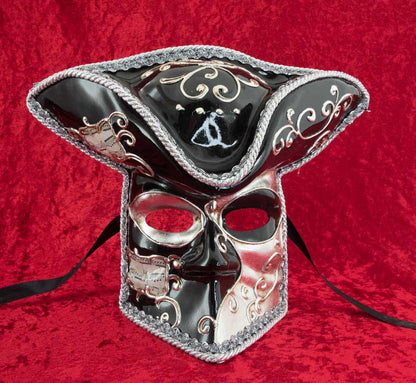 Masque Vénitien Casanova de Luxe – Bauta Musica Noir et Argent – Artisanat Authentique de Venise