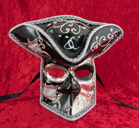 Masque Vénitien Casanova de Luxe – Bauta Musica Noir et Argent – Artisanat Authentique de Venise