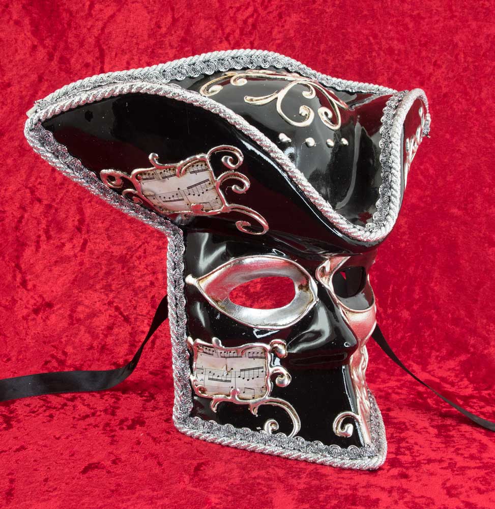 Masque Vénitien Casanova de Luxe – Bauta Musica Noir et Argent – Artisanat Authentique de Venise