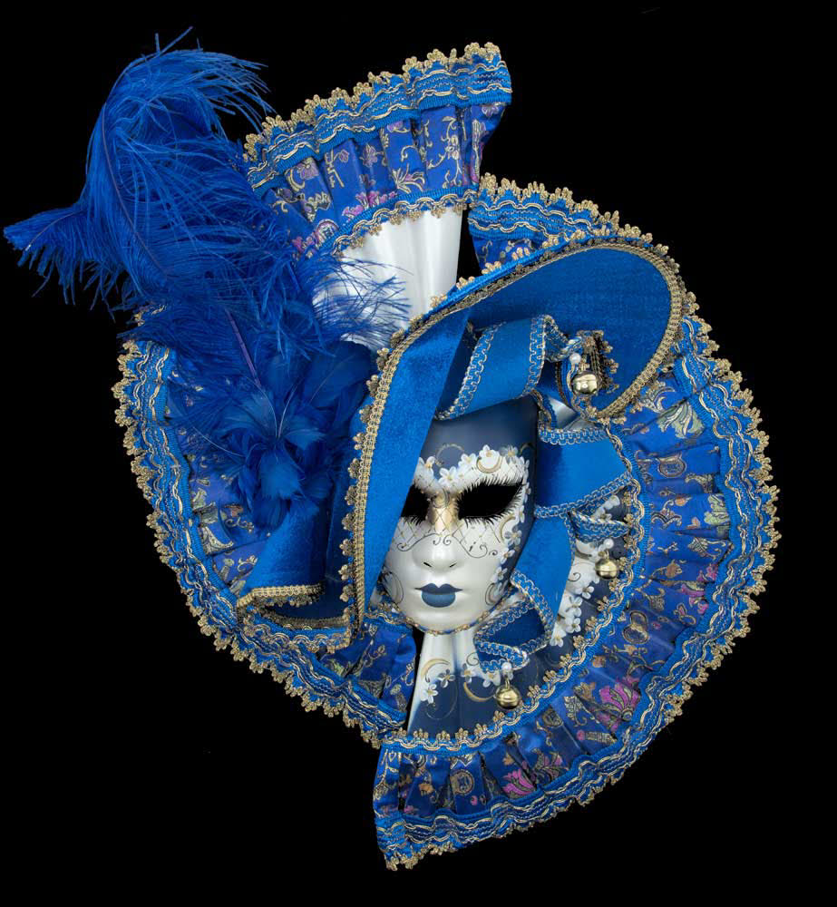 Grand Masque de Venise Éventail Bleu à Plumes avec Chapeau – Artisanat Authentique de Venise