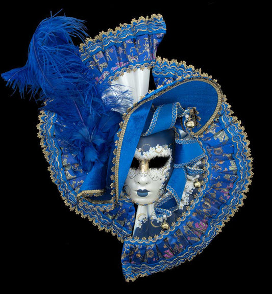 Grand Masque de Venise Éventail Bleu à Plumes avec Chapeau – Artisanat Authentique de Venise