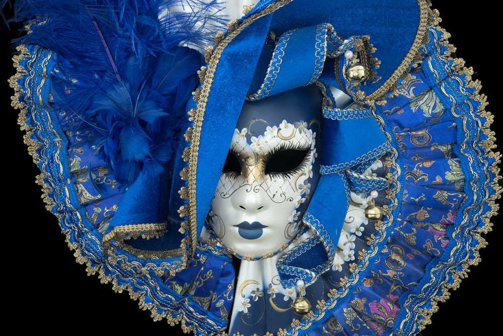 Grand Masque de Venise Éventail Bleu à Plumes avec Chapeau – Artisanat Authentique de Venise