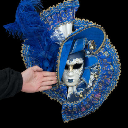 Grand Masque de Venise Éventail Bleu à Plumes avec Chapeau – Artisanat Authentique de Venise