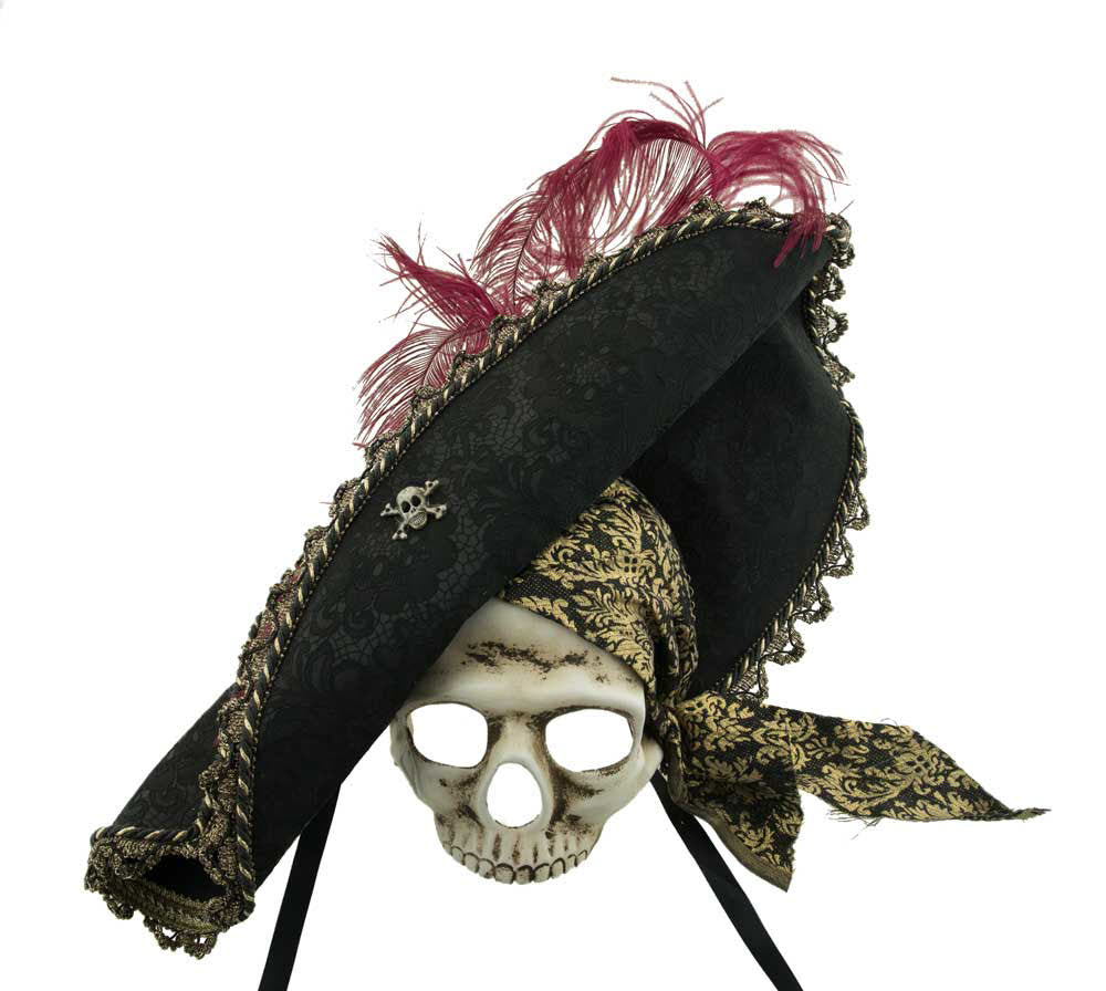 Masque Pirate Tête de Mort avec Chapeau et Plumes – Artisanat Authentique de Venise