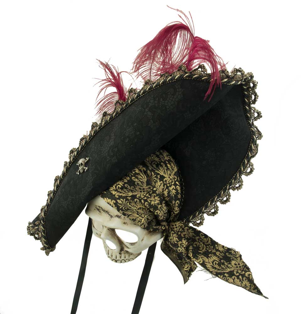 Masque Pirate Tête de Mort avec Chapeau et Plumes – Artisanat Authentique de Venise