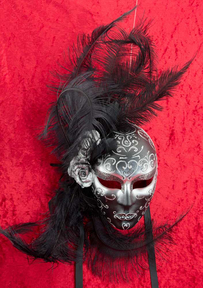 Grand Masque Vénitien Marquise Noir Argenté – Artisanat Authentique de Venise