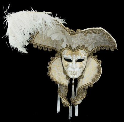 Grand Masque Vénitien Casanova Blanc Doré et Strass – Artisanat Authentique de Venise