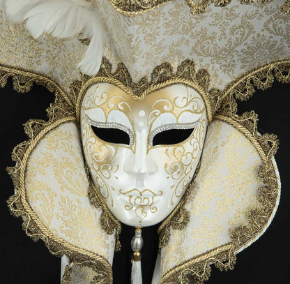 Grand Masque Vénitien Casanova Blanc Doré et Strass – Artisanat Authentique de Venise