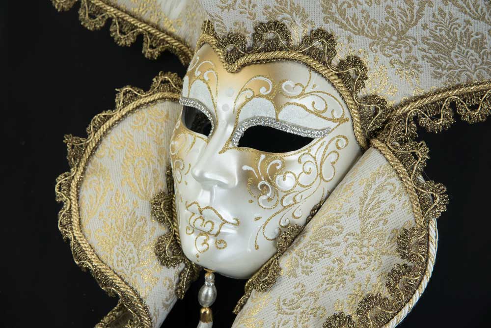 Grand Masque Vénitien Casanova Blanc Doré et Strass – Artisanat Authentique de Venise