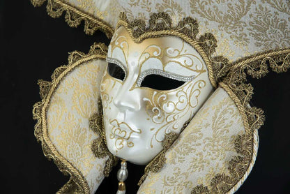 Grand Masque Vénitien Casanova Blanc Doré et Strass – Artisanat Authentique de Venise